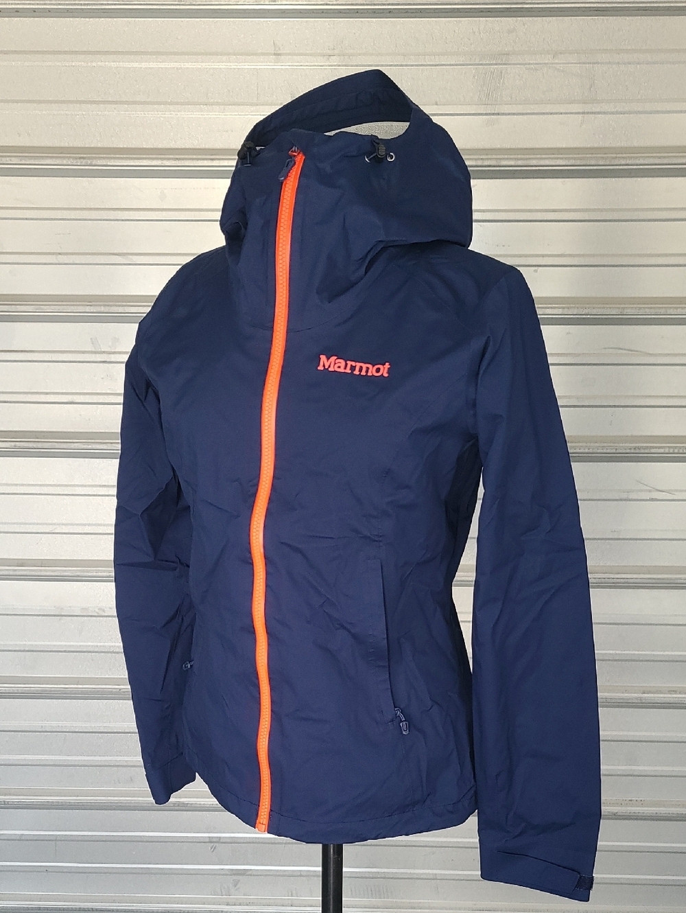 Marmot Women's Navy Hooded Rain Shell Jacket with Orange Trim